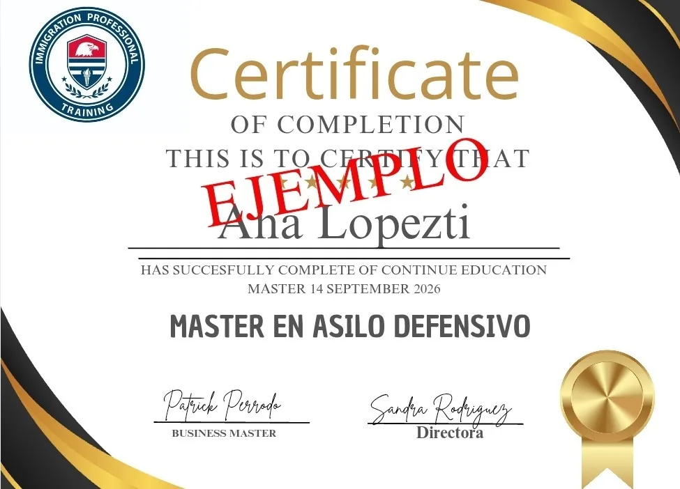 Ejemplo de certificado del Master en Asilo Defensivo emitido por Immigration Professional Training.